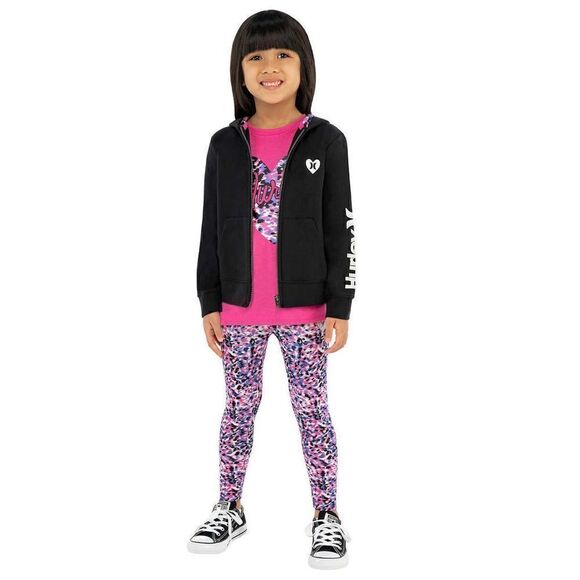 NEW! Hurley Kids 3 piece Set Full Zip Hoodie, Tee and Legging in Pink and Black - Picture 2 of 14